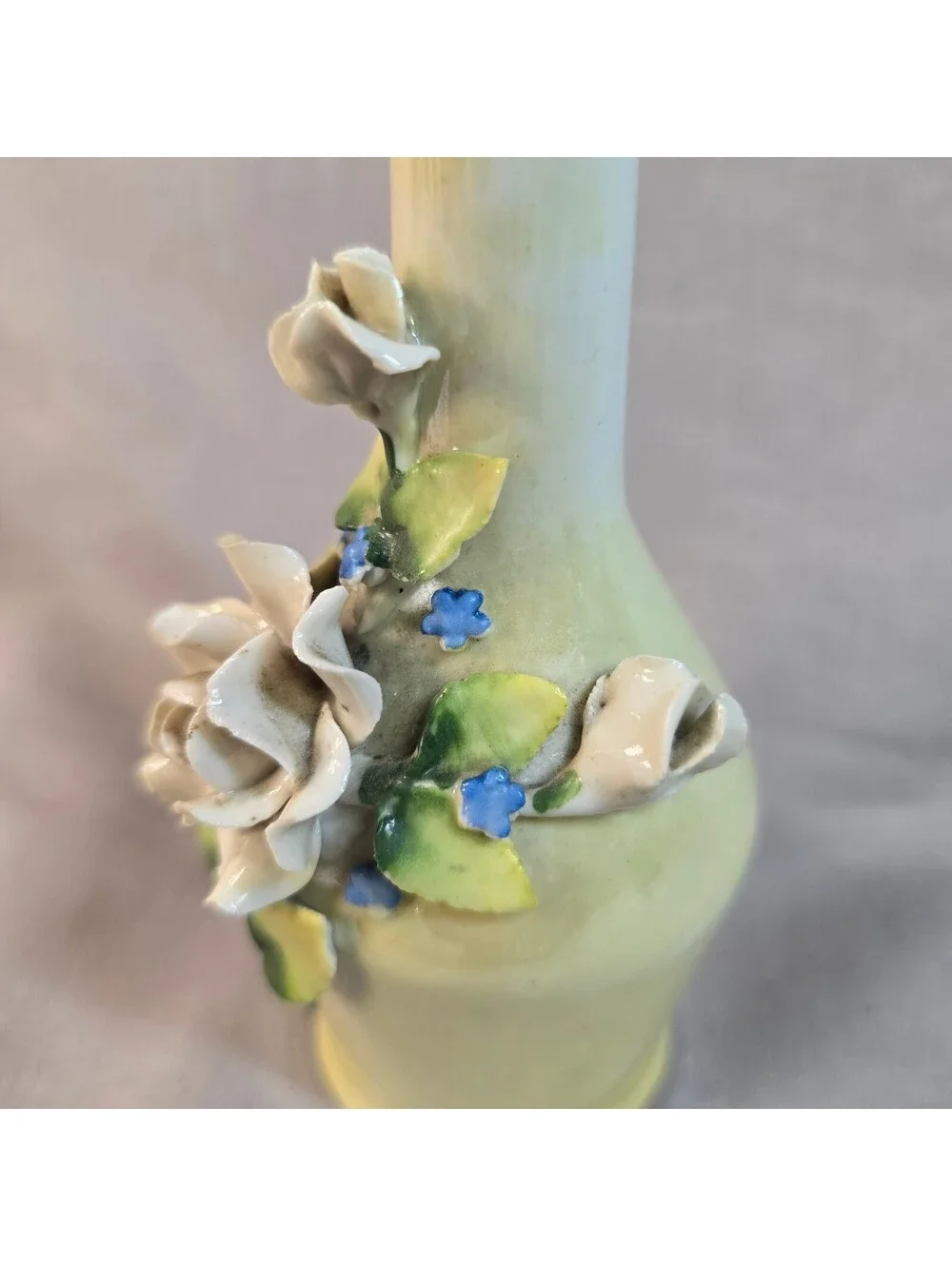 Antique German Elfinware Porcelain Bud Vase Applied 3 Dimensial Roses 8.5